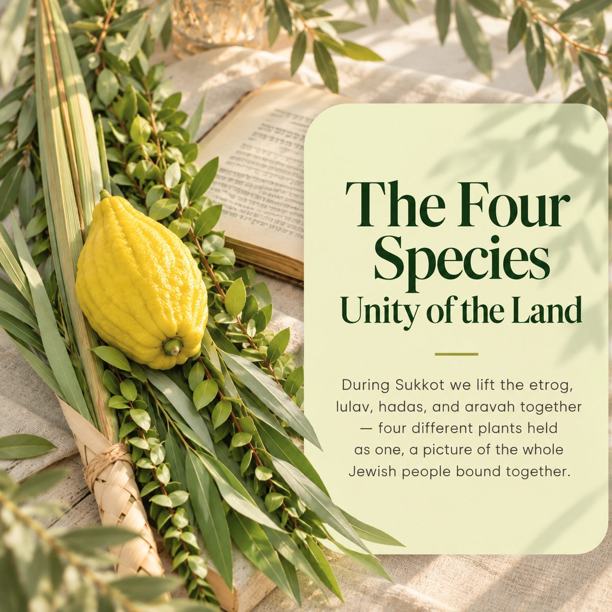 An etrog resting on a lulav bound with myrtle and willow beside an open prayer book