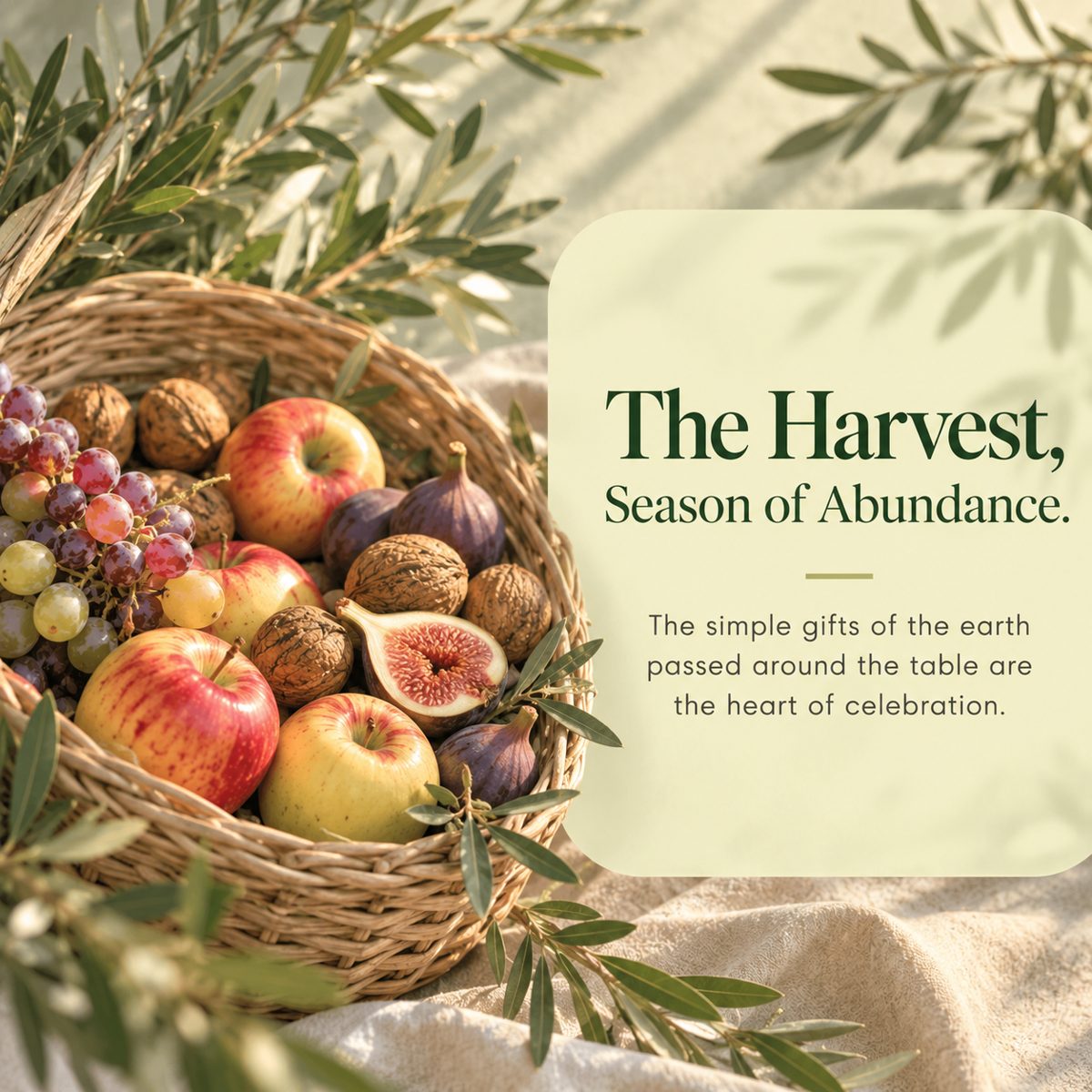 A woven basket of apples, figs, grapes and walnuts among olive branches
