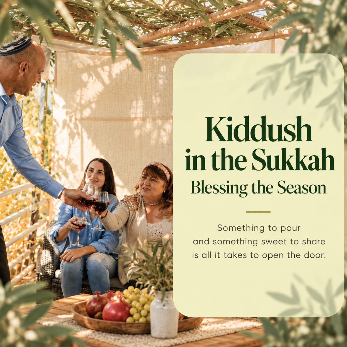 A family raising glasses of wine in a sukkah decorated with branches