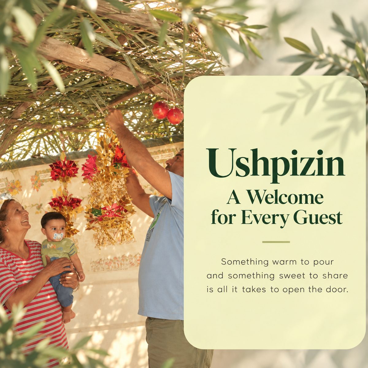 A grandmother holding a baby while a man hangs decorations in a sukkah